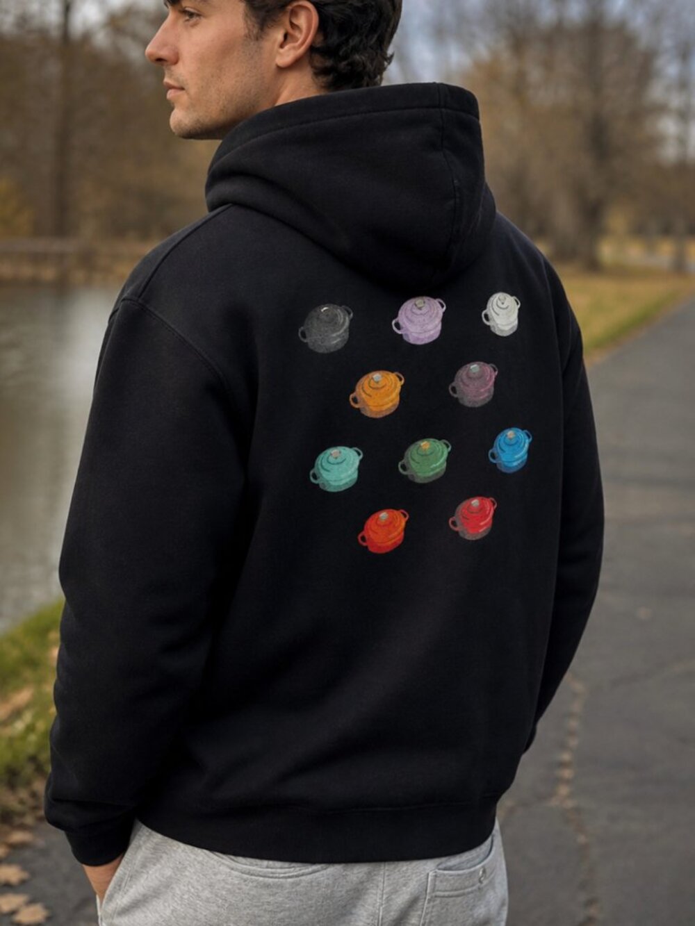 Le Creuset Colorful Pots/Cookware on Black Hoodie Quirky Streetwear Unisex SMALL